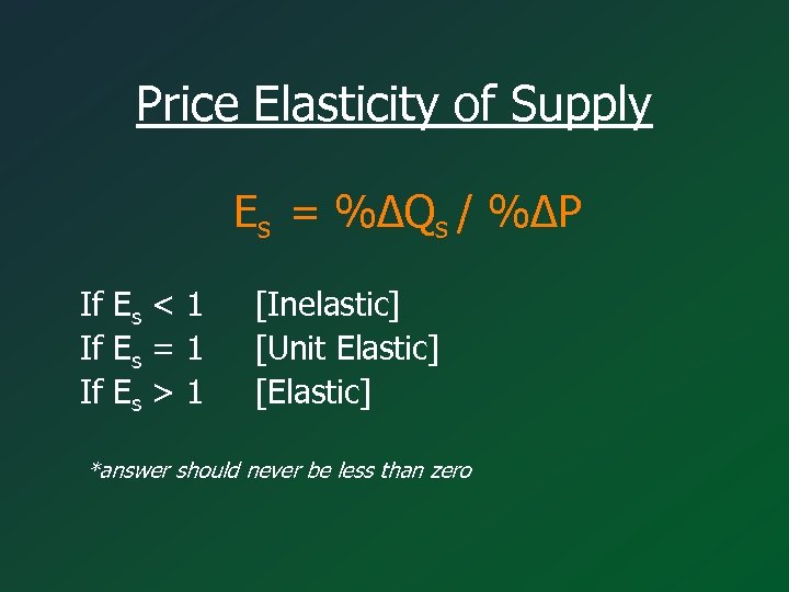 Price Elasticity of Supply Es = %∆Qs / %∆P If Es < 1 If