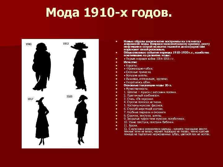 Мода 1910 -х годов. n n n n n n Новые образы десятилетия построены