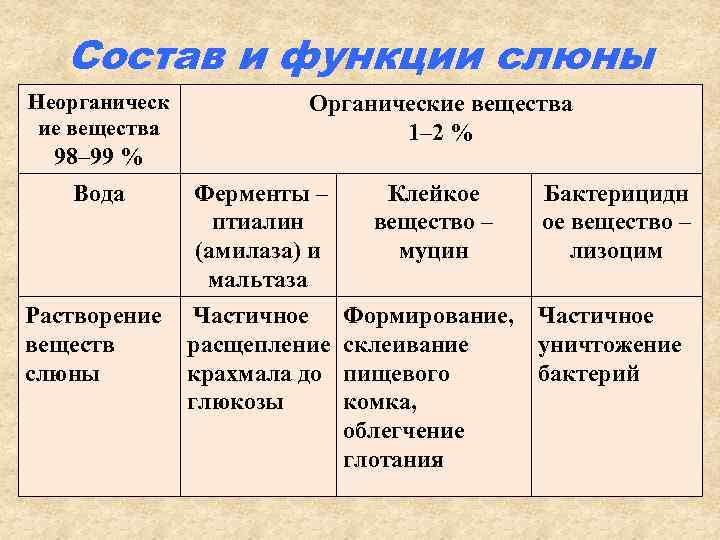 Состав и функции слюны Неорганическ ие вещества 98– 99 % Вода Органические вещества 1–