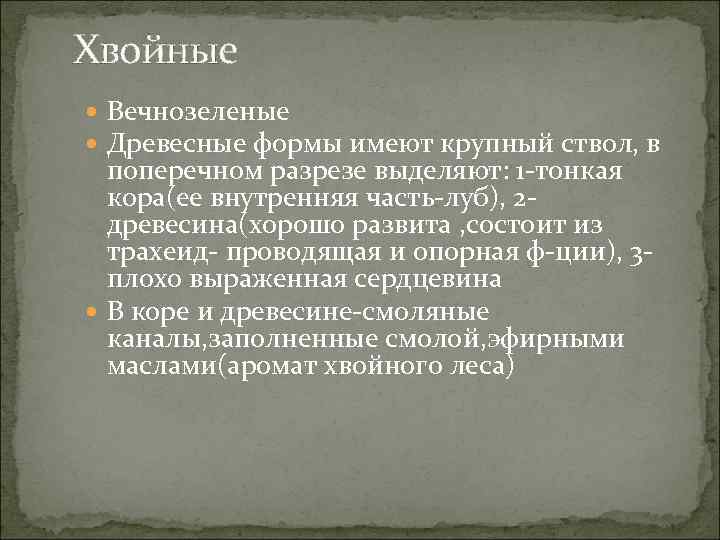 Хвойные Вечнозеленые Древесные формы имеют крупный ствол, в поперечном разрезе выделяют: 1 -тонкая кора(ее