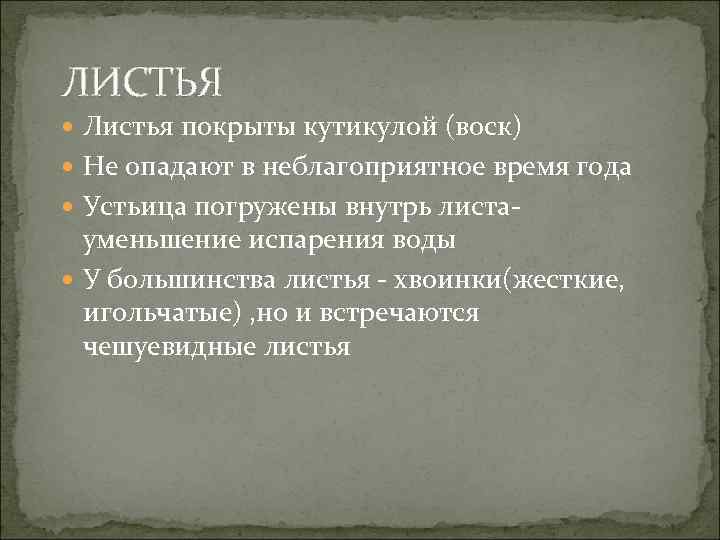 ЛИСТЬЯ Листья покрыты кутикулой (воск) Не опадают в неблагоприятное время года Устьица погружены внутрь