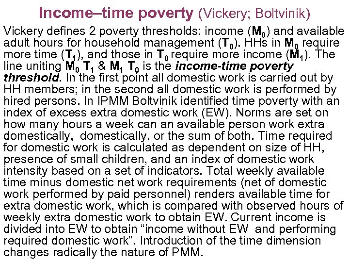 Income–time poverty (Vickery; Boltvinik) Vickery defines 2 poverty thresholds: income (M 0) and available