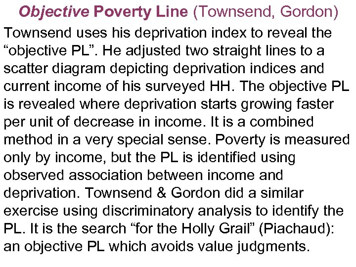 Objective Poverty Line (Townsend, Gordon) Townsend uses his deprivation index to reveal the “objective