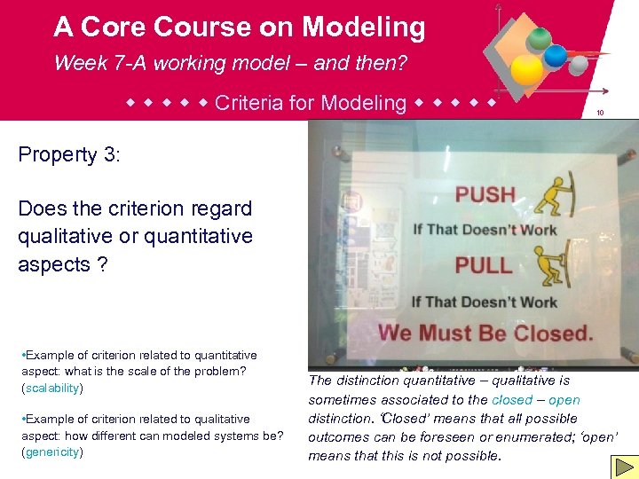 A Core Course on Modeling Week 7 -A working model – and then? Criteria
