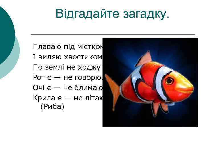 Відгадайте загадку. Плаваю під містком І виляю хвостиком. По землі не ходжу Рот є