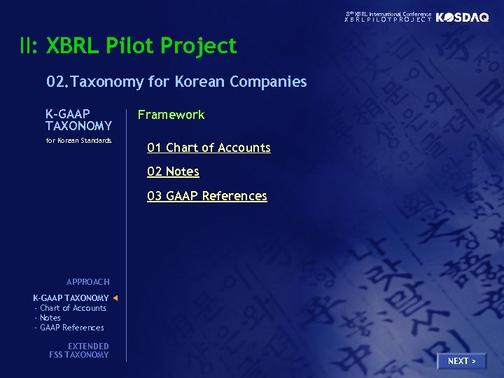 8 th XBRL International Conference XBRLPILOTPROJECT II: XBRL Pilot Project 02. Taxonomy for Korean