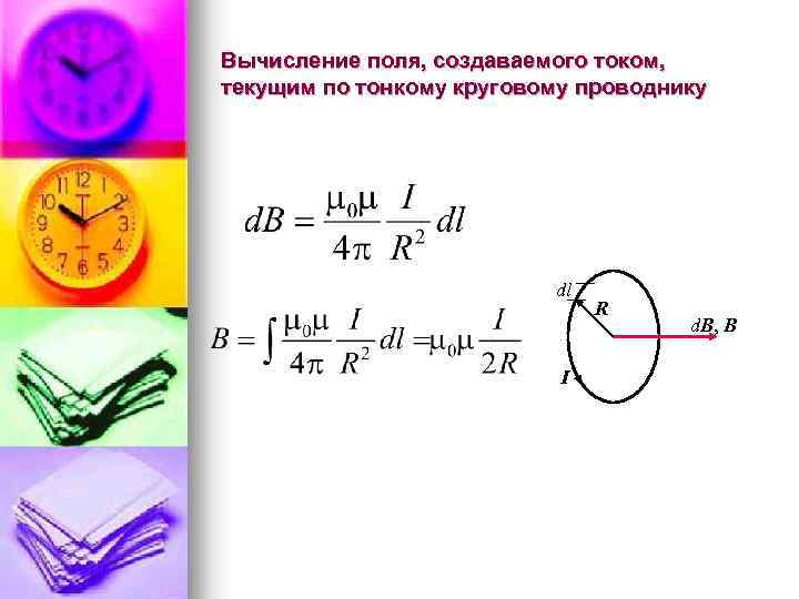 Вычисление поля, создаваемого током, текущим по тонкому круговому проводнику dl I R d. B,