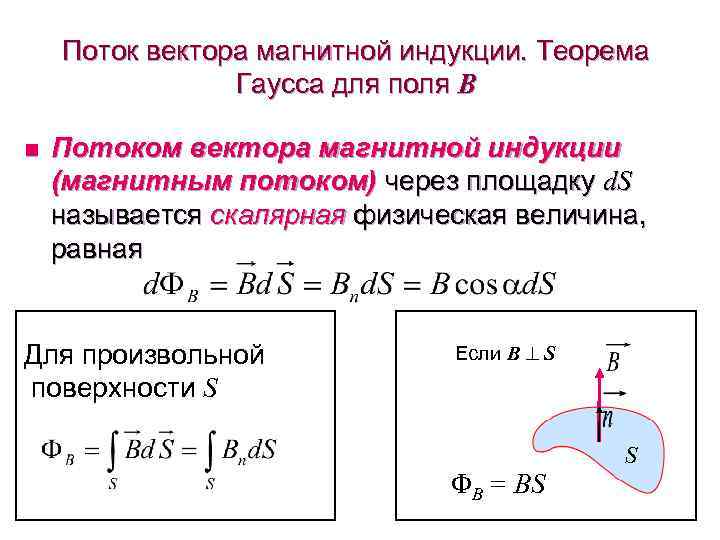 Поток вектора магнитной индукции. Теорема Гаусса для поля B n Потоком вектора магнитной индукции