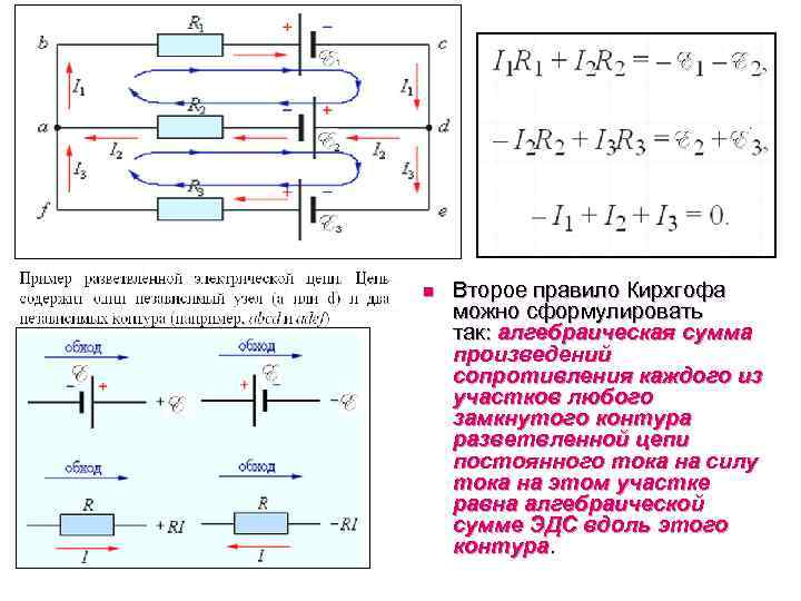 n Второе правило Кирхгофа можно сформулировать так: алгебраическая сумма произведений сопротивления каждого из участков