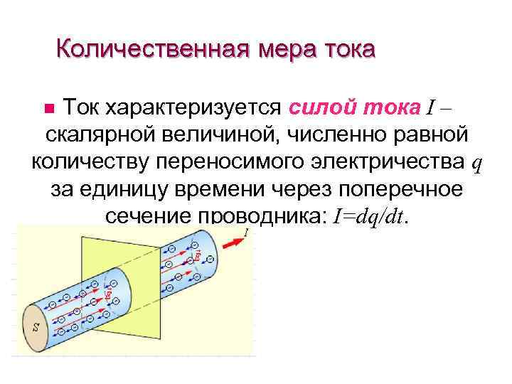 Количественная мера тока Ток характеризуется силой тока I – скалярной величиной, численно равной количеству