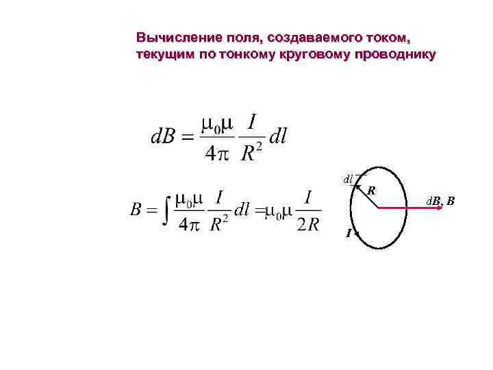 Вычисление поля, создаваемого током, текущим по тонкому круговому проводнику dl I R d. B,