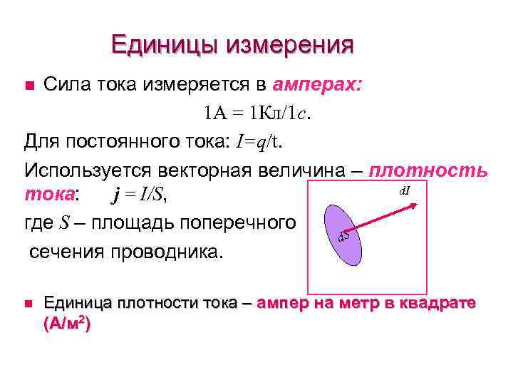 Единицы измерения Сила тока измеряется в амперах: 1 А = 1 Кл/1 с. Для