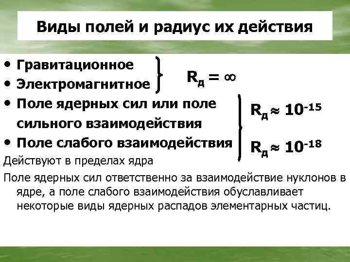 Виды полей и радиус их действия • Гравитационное Rд = • Электромагнитное • Поле