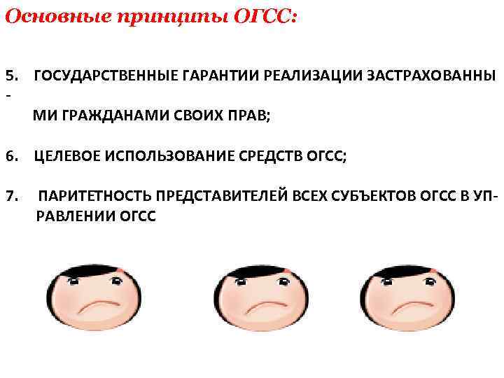 Основные принципы ОГСС: 5. ГОСУДАРСТВЕННЫЕ ГАРАНТИИ РЕАЛИЗАЦИИ ЗАСТРАХОВАННЫ МИ ГРАЖДАНАМИ СВОИХ ПРАВ; 6. ЦЕЛЕВОЕ