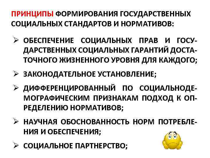 ПРИНЦИПЫ ФОРМИРОВАНИЯ ГОСУДАРСТВЕННЫХ СОЦИАЛЬНЫХ СТАНДАРТОВ И НОРМАТИВОВ: Ø ОБЕСПЕЧЕНИЕ СОЦИАЛЬНЫХ ПРАВ И ГОСУ ДАРСТВЕННЫХ