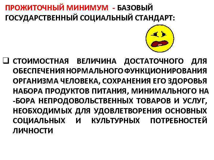 ПРОЖИТОЧНЫЙ МИНИМУМ БАЗОВЫЙ ГОСУДАРСТВЕННЫЙ СОЦИАЛЬНЫЙ СТАНДАРТ: q СТОИМОСТНАЯ ВЕЛИЧИНА ДОСТАТОЧНОГО ДЛЯ ОБЕСПЕЧЕНИЯ НОРМАЛЬНОГО ФУНКЦИОНИРОВАНИЯ