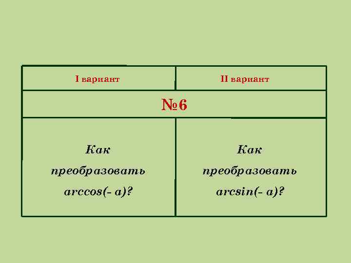 I вариант II вариант № 6 Как преобразовать arccos(- a)? arcsin(- a)? 