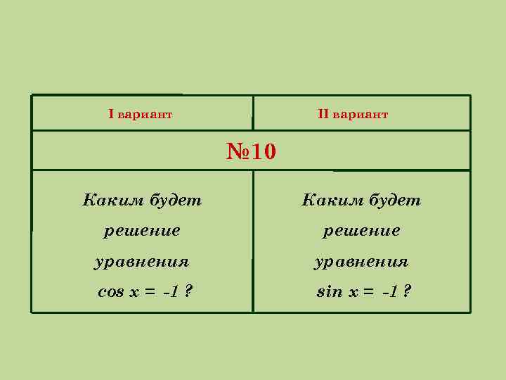 I вариант II вариант № 10 Каким будет решение уравнения cos x = -1
