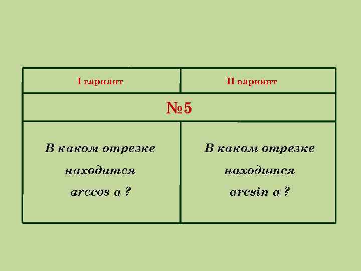 I вариант II вариант № 5 В каком отрезке находится arccos a ? arcsin
