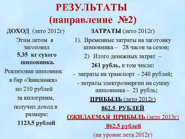 РЕЗУЛЬТАТЫ (направление № 2) ДОХОД (лето 2012 г) ЗАТРАТЫ (лето 2012 г) Этим летом