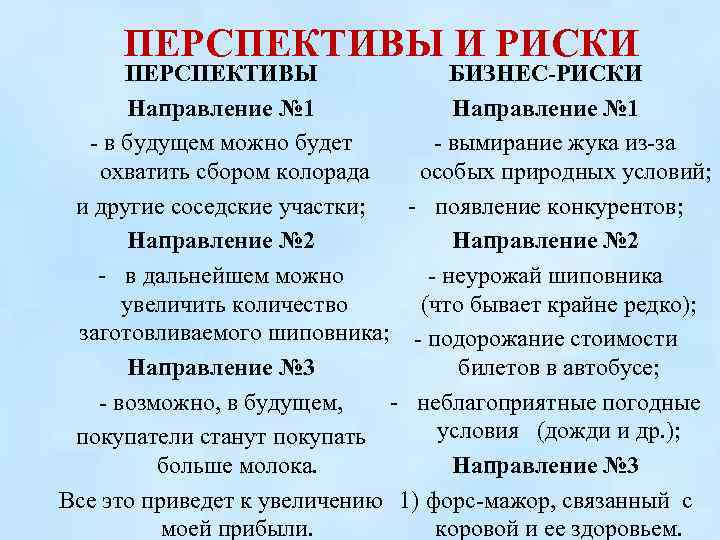 ПЕРСПЕКТИВЫ И РИСКИ ПЕРСПЕКТИВЫ БИЗНЕС-РИСКИ Направление № 1 - в будущем можно будет -