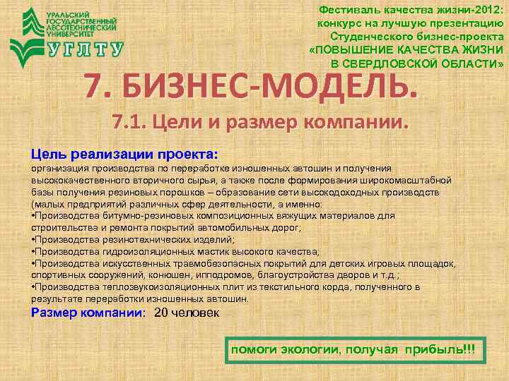 Фестиваль качества жизни-2012: конкурс на лучшую презентацию Студенческого бизнес-проекта «ПОВЫШЕНИЕ КАЧЕСТВА ЖИЗНИ В СВЕРДЛОВСКОЙ