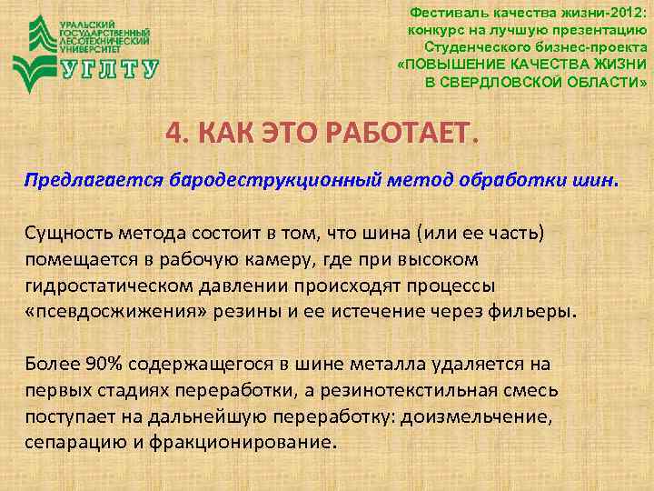 Фестиваль качества жизни-2012: конкурс на лучшую презентацию Студенческого бизнес-проекта «ПОВЫШЕНИЕ КАЧЕСТВА ЖИЗНИ В СВЕРДЛОВСКОЙ