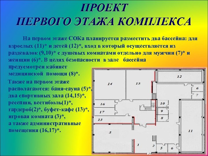 ПРОЕКТ ПЕРВОГО ЭТАЖА КОМПЛЕКСА На первом этаже СОКа планируется разместить два бассейна: для взрослых