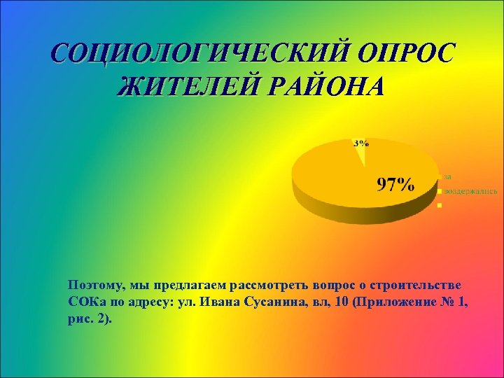 СОЦИОЛОГИЧЕСКИЙ ОПРОС ЖИТЕЛЕЙ РАЙОНА Поэтому, мы предлагаем рассмотреть вопрос о строительстве СОКа по адресу: