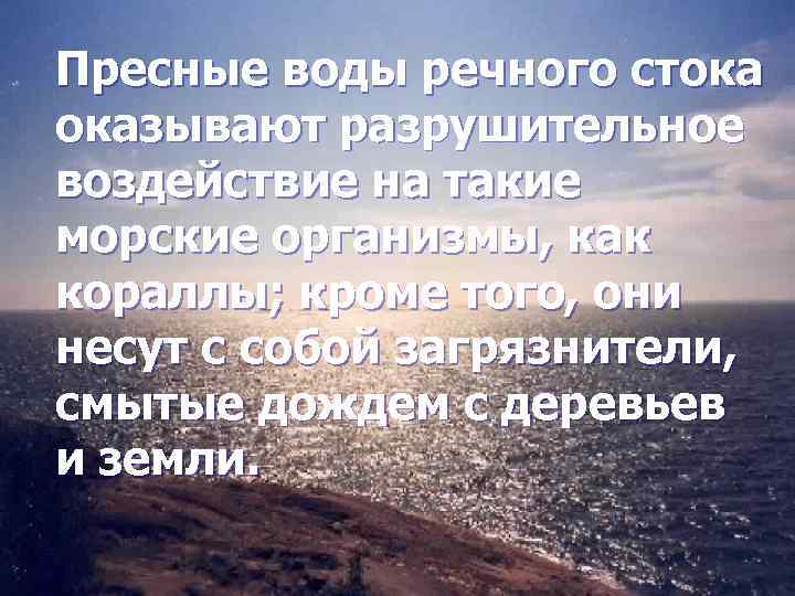 Пресные воды речного стока оказывают разрушительное воздействие на такие морские организмы, как кораллы; кроме