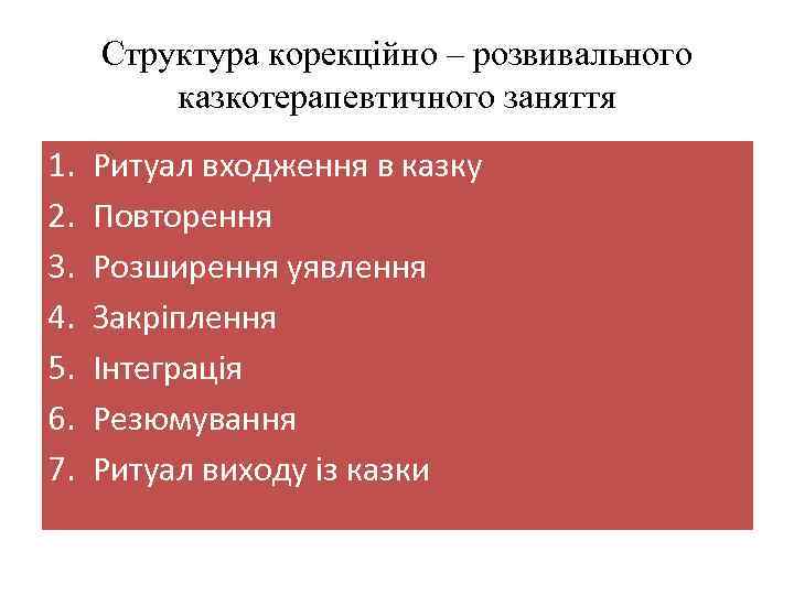 Структура корекційно – розвивального казкотерапевтичного заняття 1. 2. 3. 4. 5. 6. 7. Ритуал