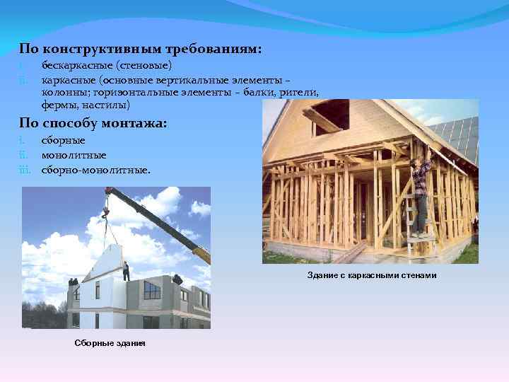 По конструктивным требованиям: i. ii. бескаркасные (стеновые) каркасные (основные вертикальные элементы – колонны; горизонтальные