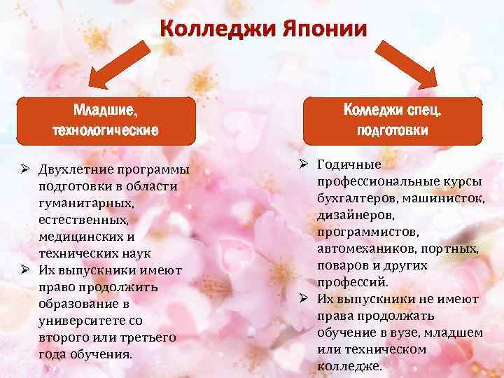 Колледжи Японии Младшие, технологические Колледжи спец. подготовки Ø Двухлетние программы подготовки в области гуманитарных,