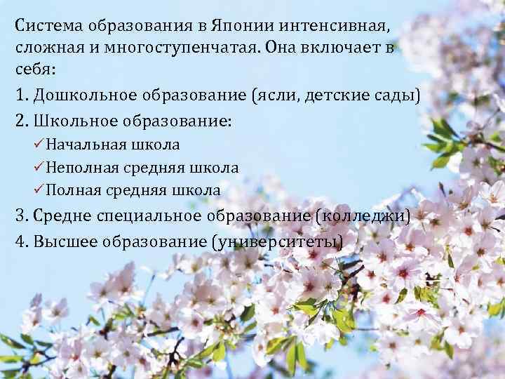 Система образования в Японии интенсивная, сложная и многоступенчатая. Она включает в себя: 1. Дошкольное