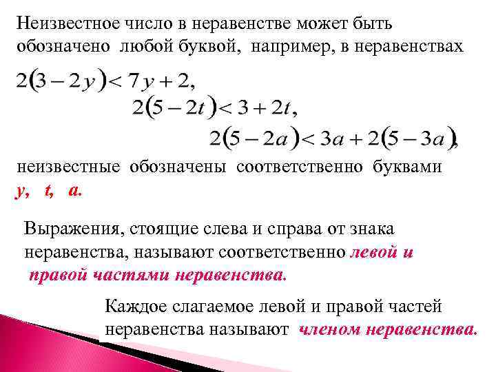 Неизвестное число в неравенстве может быть обозначено любой буквой, например, в неравенствах неизвестные обозначены