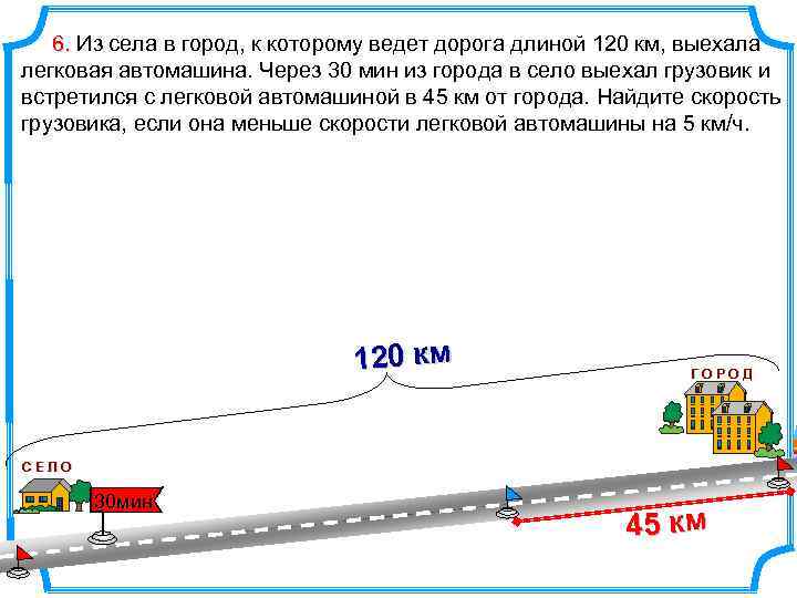 6. Из села в город, к которому ведет дорога длиной 120 км, выехала легковая