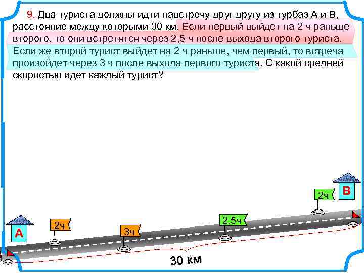 9. Два туриста должны идти навстречу другу из турбаз А и В, расстояние между