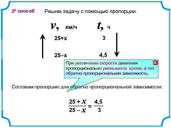 2 й способ Решим задачу с помощью пропорции. v, км/ч t, ч 25+х 3