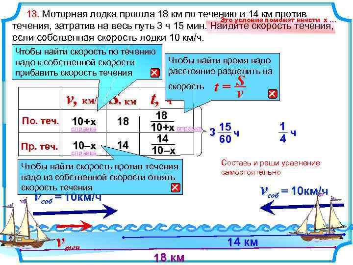 13. Моторная лодка прошла 18 км по течению и 14 км против Это условие