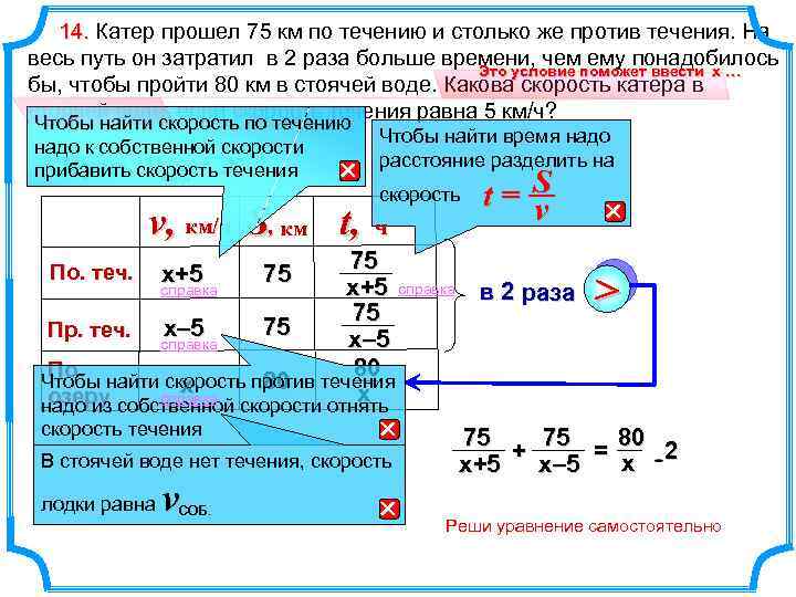 14. Катер прошел 75 км по течению и столько же против течения. На весь