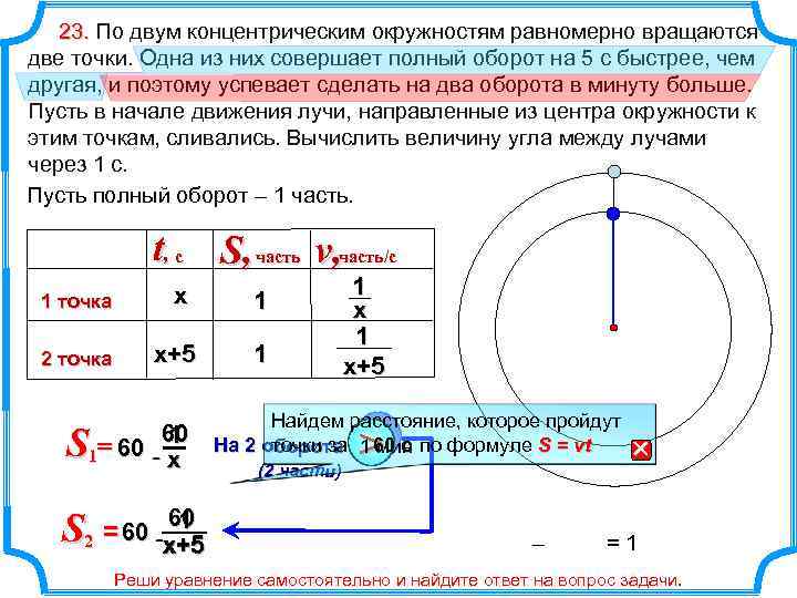23. По двум концентрическим окружностям равномерно вращаются две точки. Одна из них совершает полный