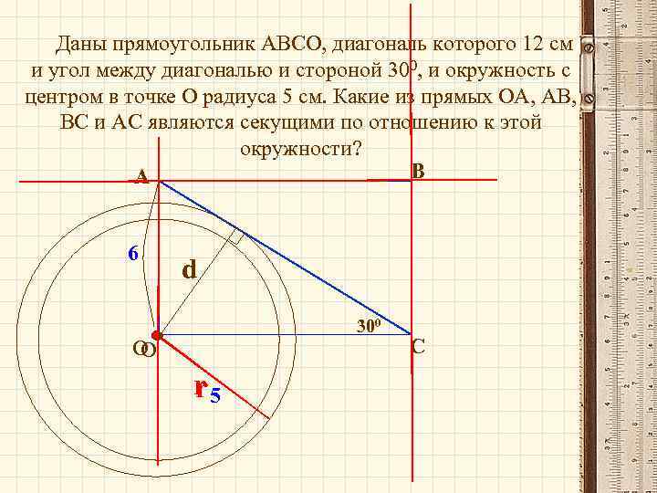 Даны прямоугольник АВСО, диагональ которого 12 см и угол между диагональю и стороной 300,