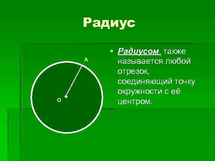 Радиус А О § Радиусом также называется любой отрезок, соединяющий точку окружности с её