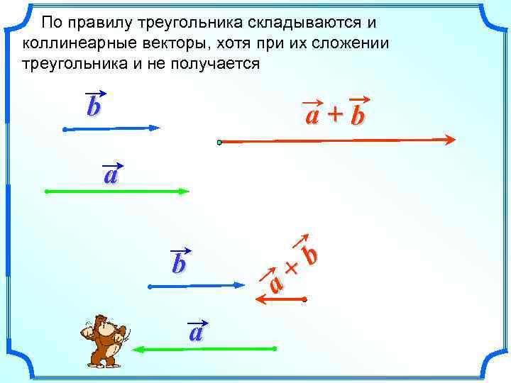 По правилу треугольника складываются и коллинеарные векторы, хотя при их сложении треугольника и не