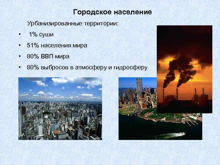 Городское население Урбанизированные территории: • 1% суши • 51% населения мира • 80% ВВП