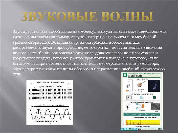 Звук представляет собой движение молекул воздуха вызываемое колеблющимся физическим телом (например, струной гитары, камертоном