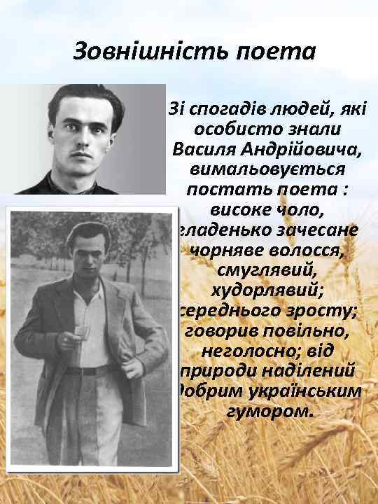 Зовнішність поета Зі спогадів людей, які особисто знали Василя Андрійовича, вимальовується постать поета :