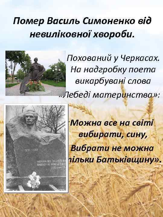 Помер Василь Симоненко від невиліковної хвороби. Похований у Черкасах. На надгробку поета викарбувані слова