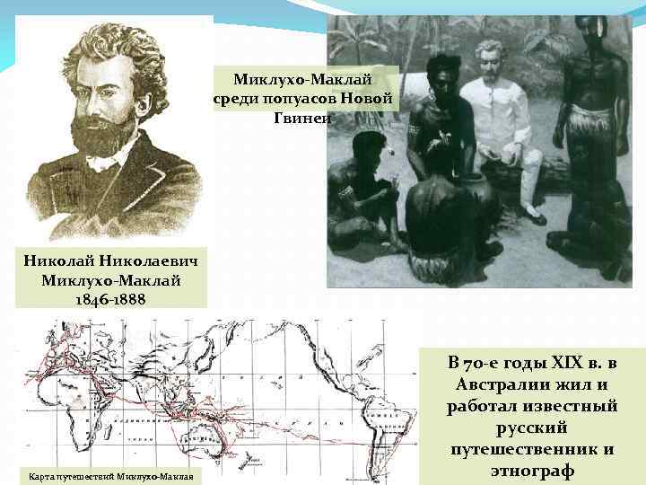 Миклухо-Маклай среди попуасов Новой Гвинеи Николай Николаевич Миклухо-Маклай 1846 -1888 Карта путешествий Миклухо-Маклая В
