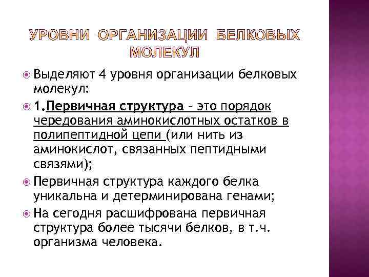  Выделяют 4 уровня организации белковых молекул: 1. Первичная структура – это порядок чередования